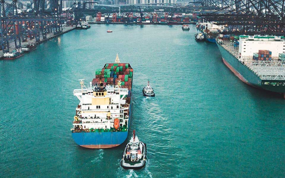 Cargo ship entering a port