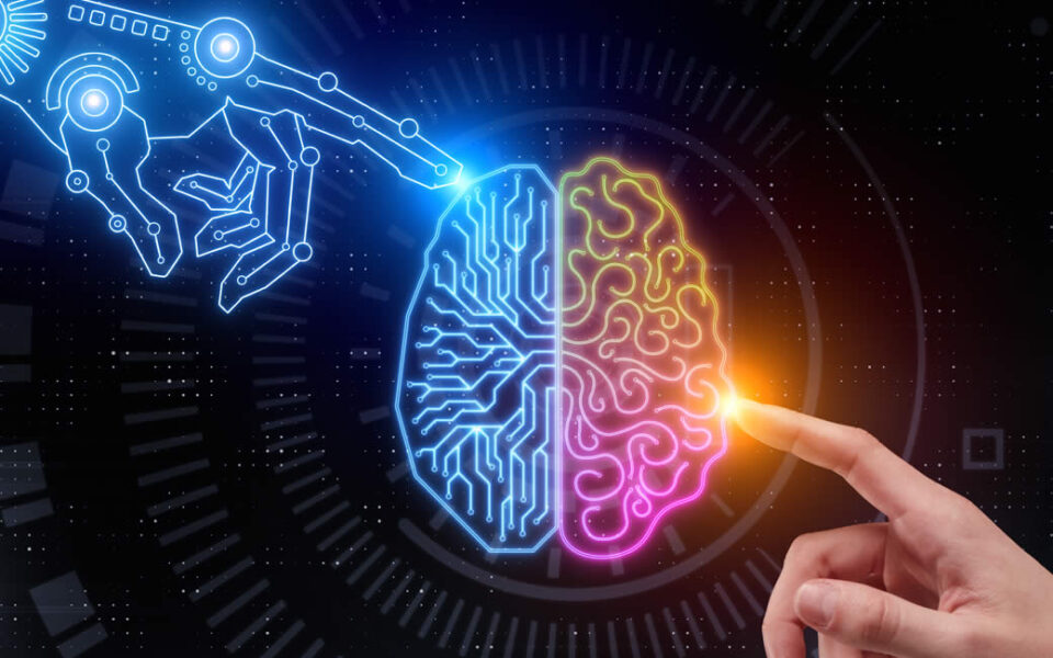 robot hand and human hand touching digital brain